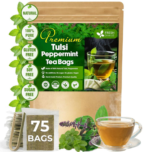 FreshDrinkUS, Premium Tulsi Peppermint Herbal Tea – 75 Tea Bags, 100% Natural, Blend of Tulsi Holy Basil Leaves, and Peppermint Leaves. Made with Natural Material Tea Bags. No Sugar, Vegan.