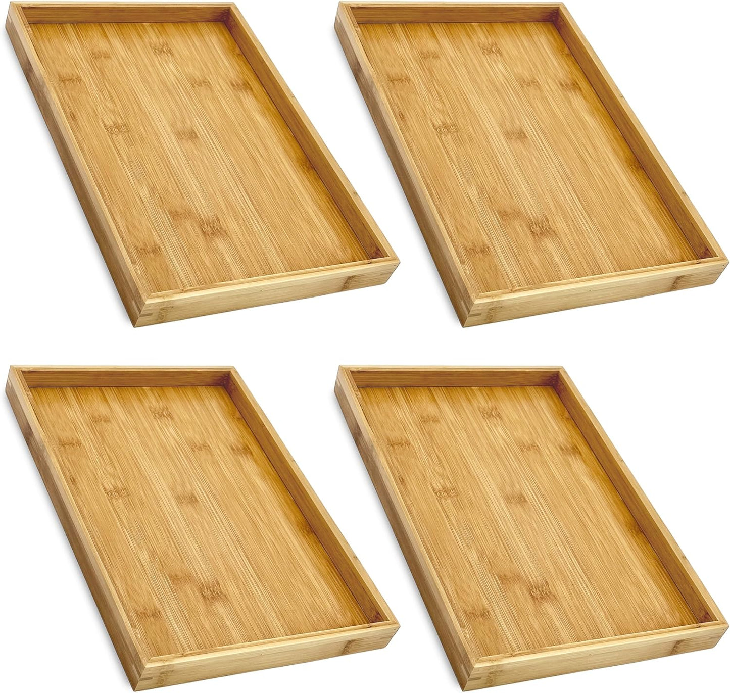 Bam & Boo (4-Pack) Natural Bamboo Rectangle Serving & Vanity Tray - for Kitchen, Bathroom, Countertop, Coffee Table (13" x 9" x 1.2")