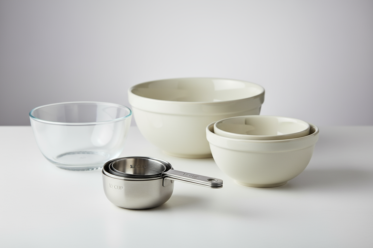 measuring cups and mixing bowls 